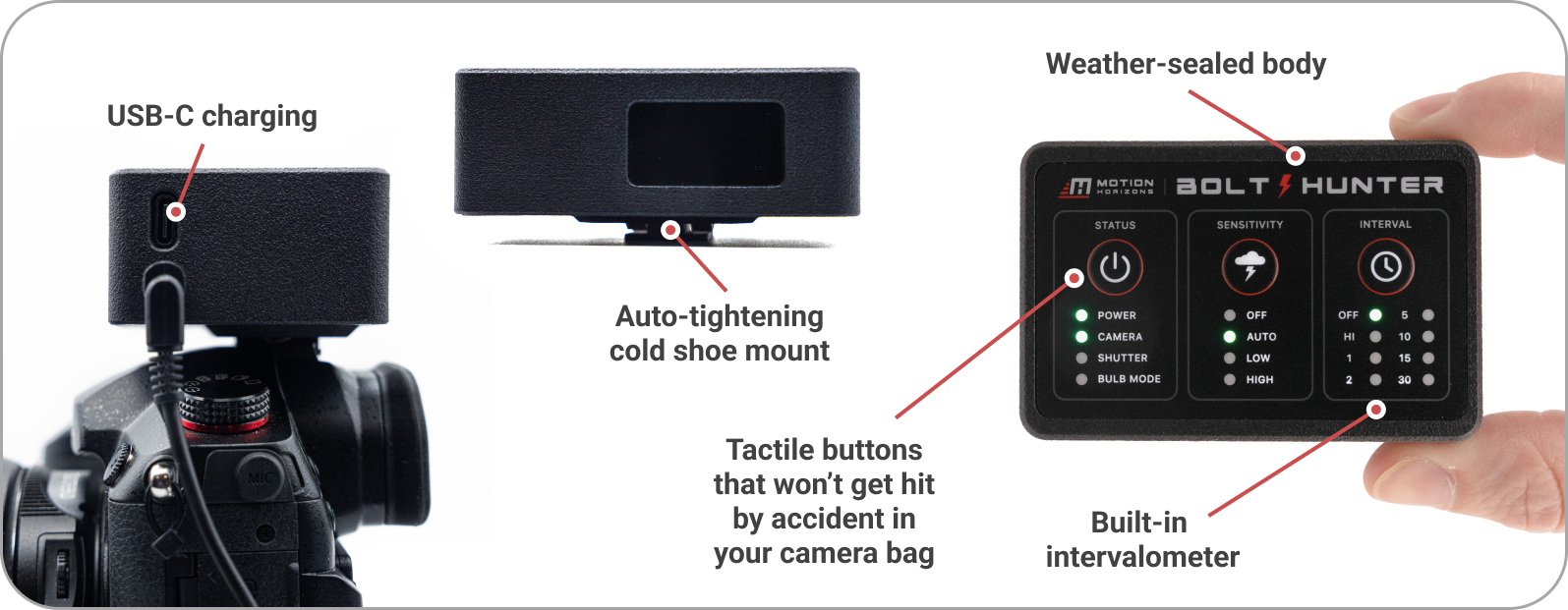 A camera mounted on a cold shoe with a weather-sealed body, a built-in intervalometer, soft tactile buttons, and a separate device connected via USB-C for auto-tightening on the cold shoe, used for camera interval shooting.