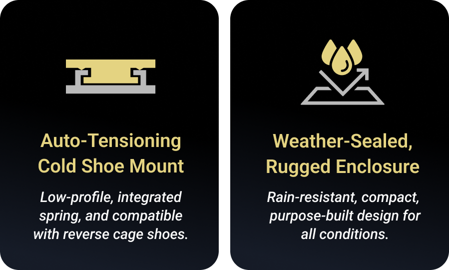 Icon of a cold shoe mount and text describing an auto-tensioning cold shoe mount and a weather-sealed rugged enclosure, with details about their features.