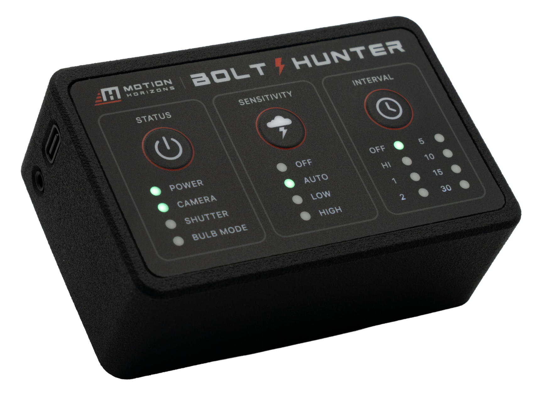Black wireless device with labeled buttons and indicator lights for motion, sensitivity, and interval controls.
