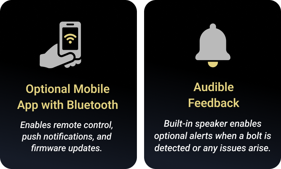 Graphic showing a smartphone with a Wi-Fi symbol and a bell icon. Text indicates features such as optional mobile app with Bluetooth for remote control, push notifications, and firmware updates, and audible feedback with built-in speaker for alerts on issues.