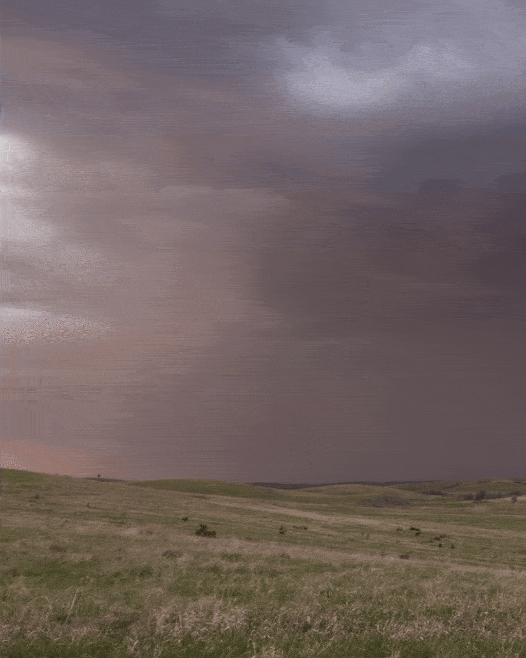 Overcast sky with dark clouds over open grassy landscape with small shrubs and gently rolling hills.