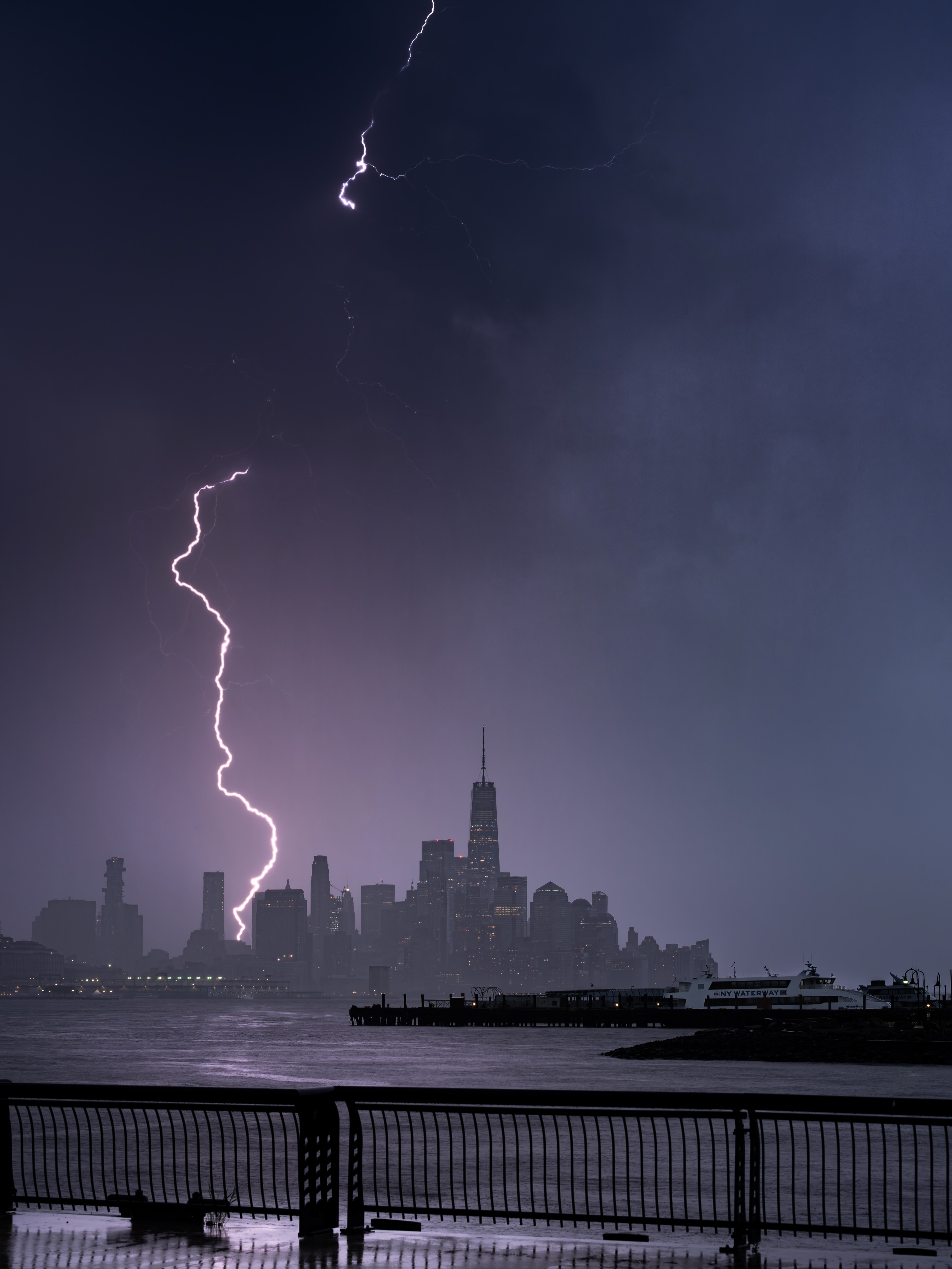 Lightning over the New York waterfront at night