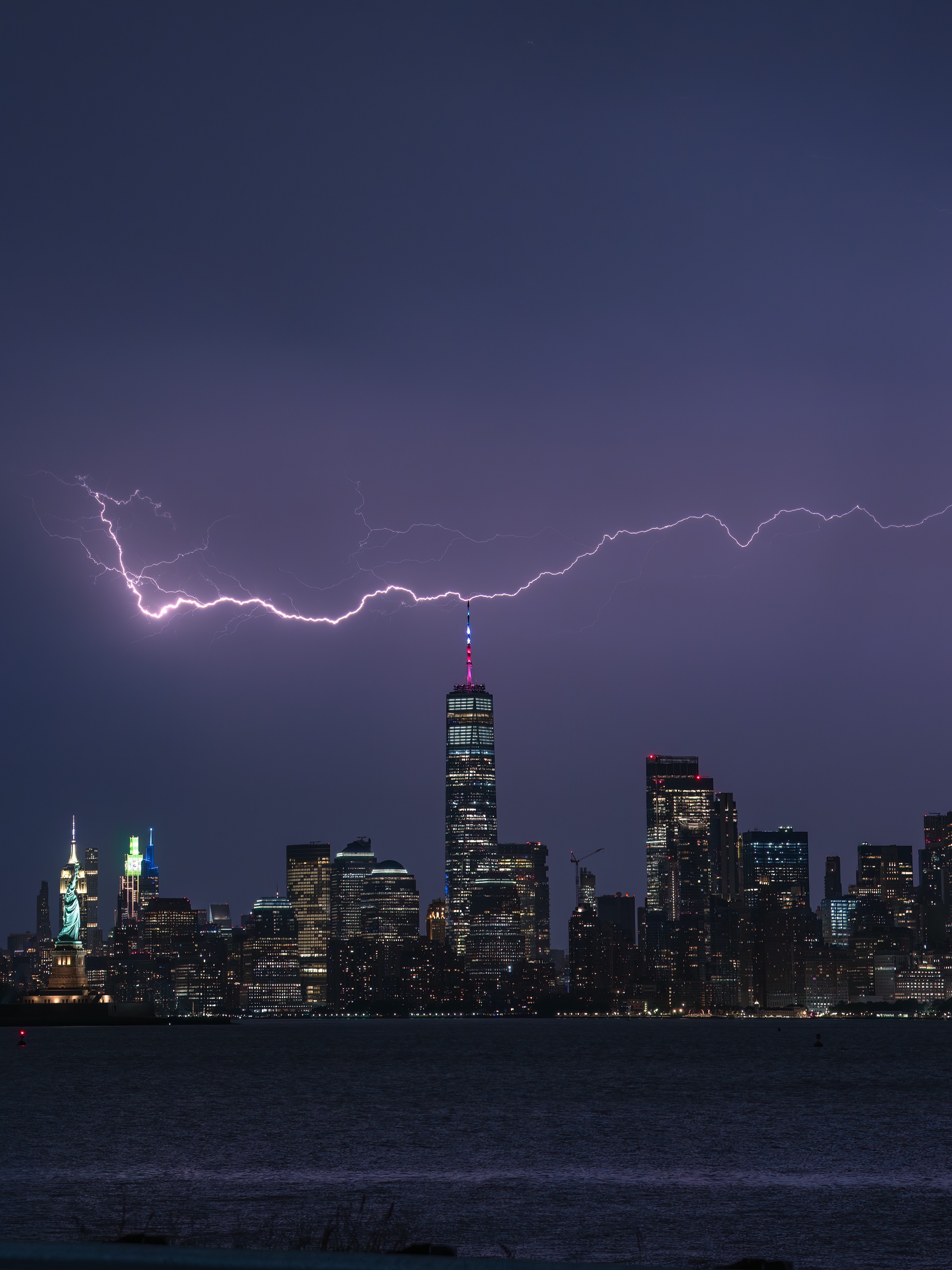 Lightning over the New York skyline at night