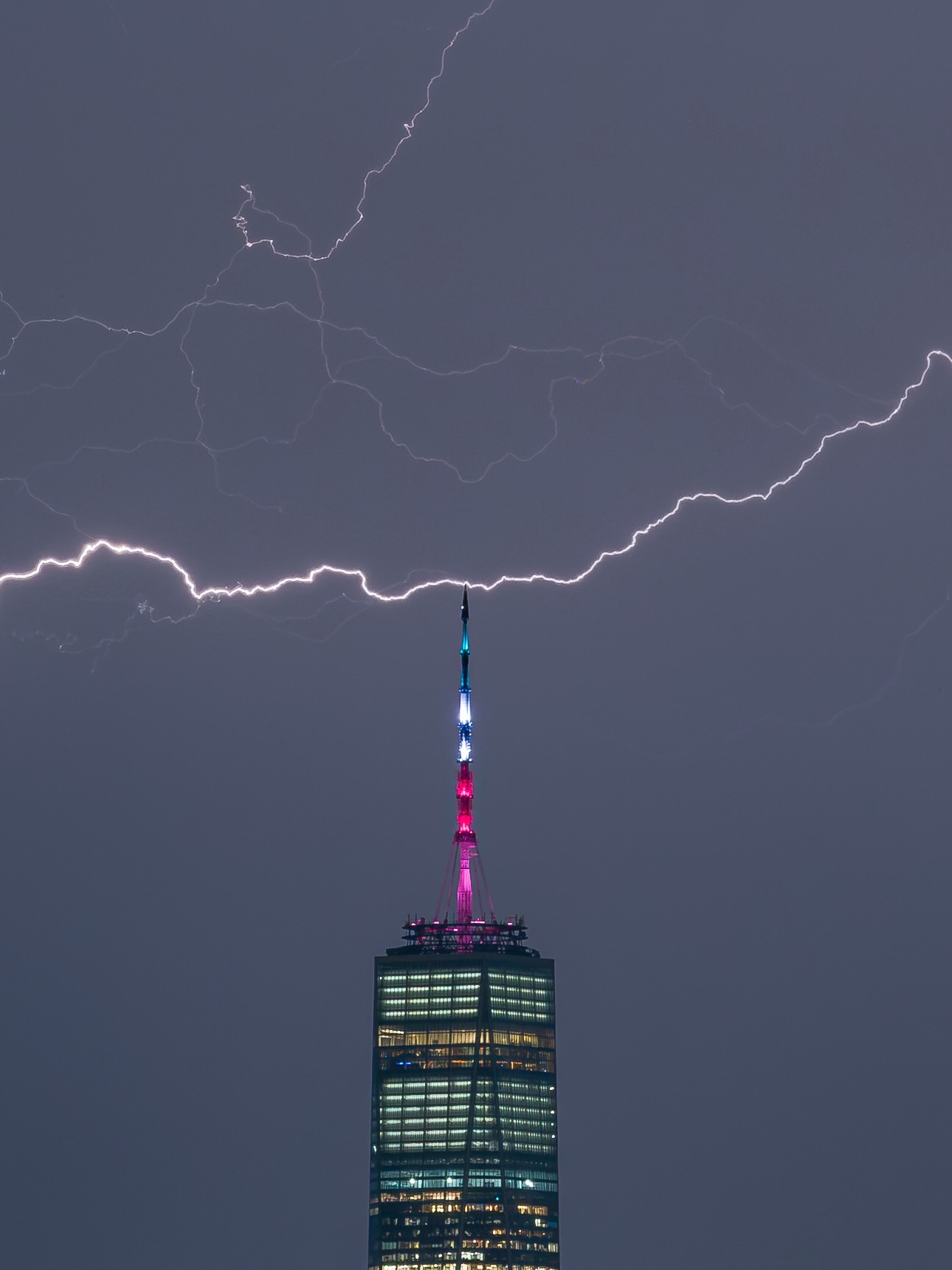 Branching lightning above One World Trade Center