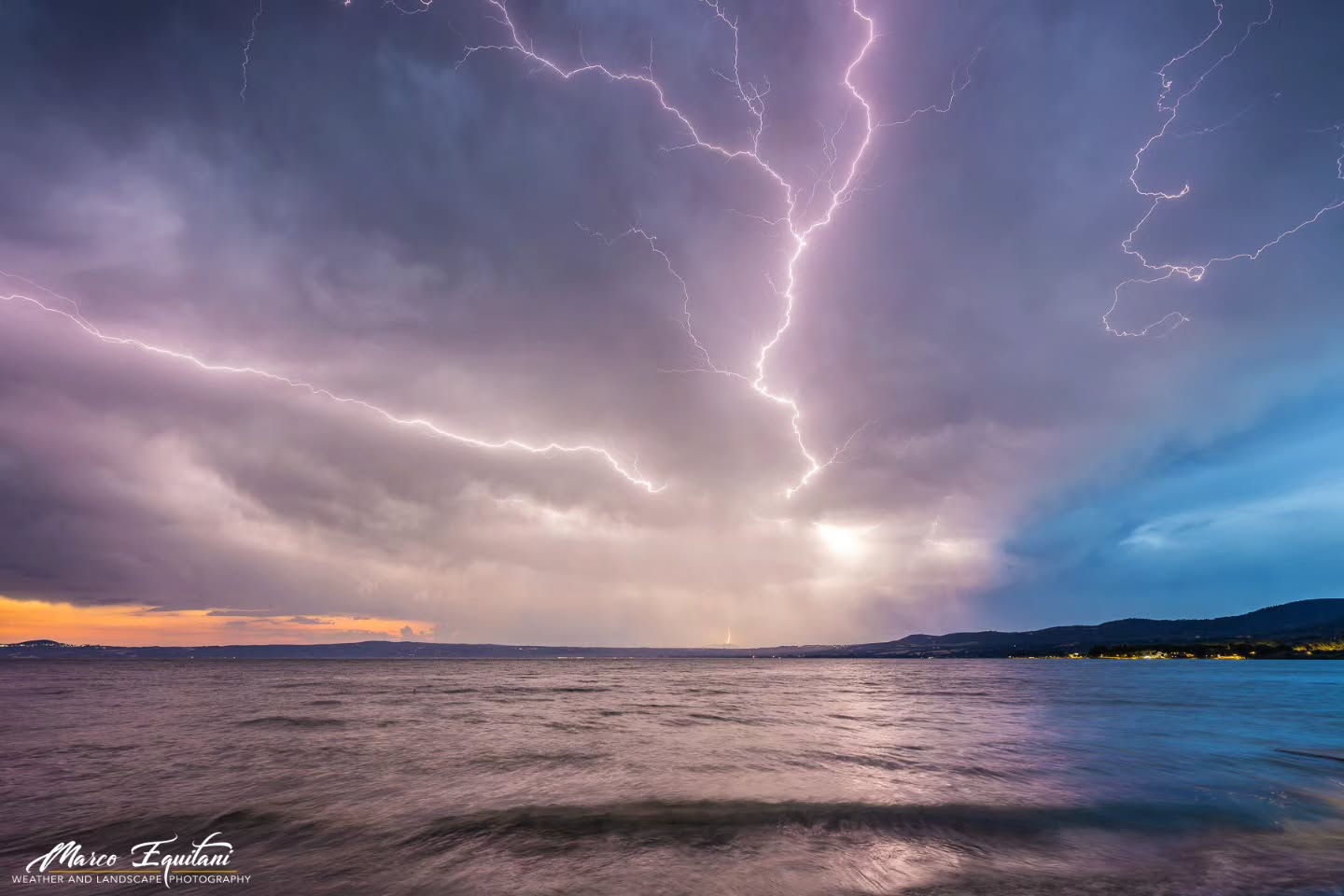 Lightning over Lake Bolsena at dusk