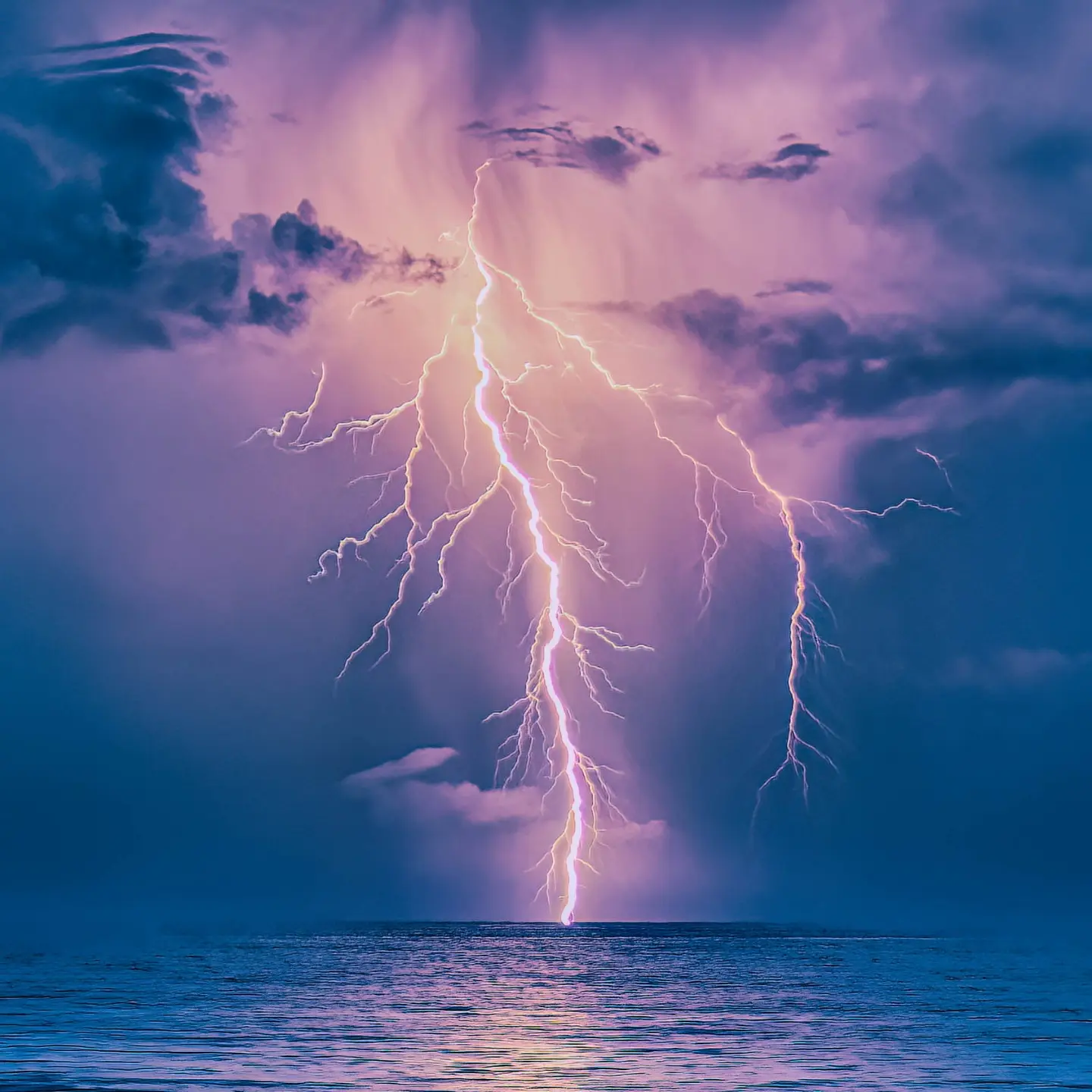 Branching lightning above the ocean