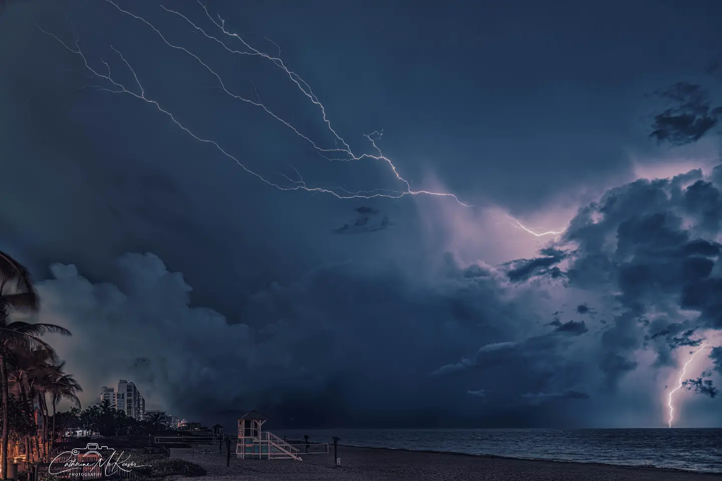Lightning branching across coastal storm clouds