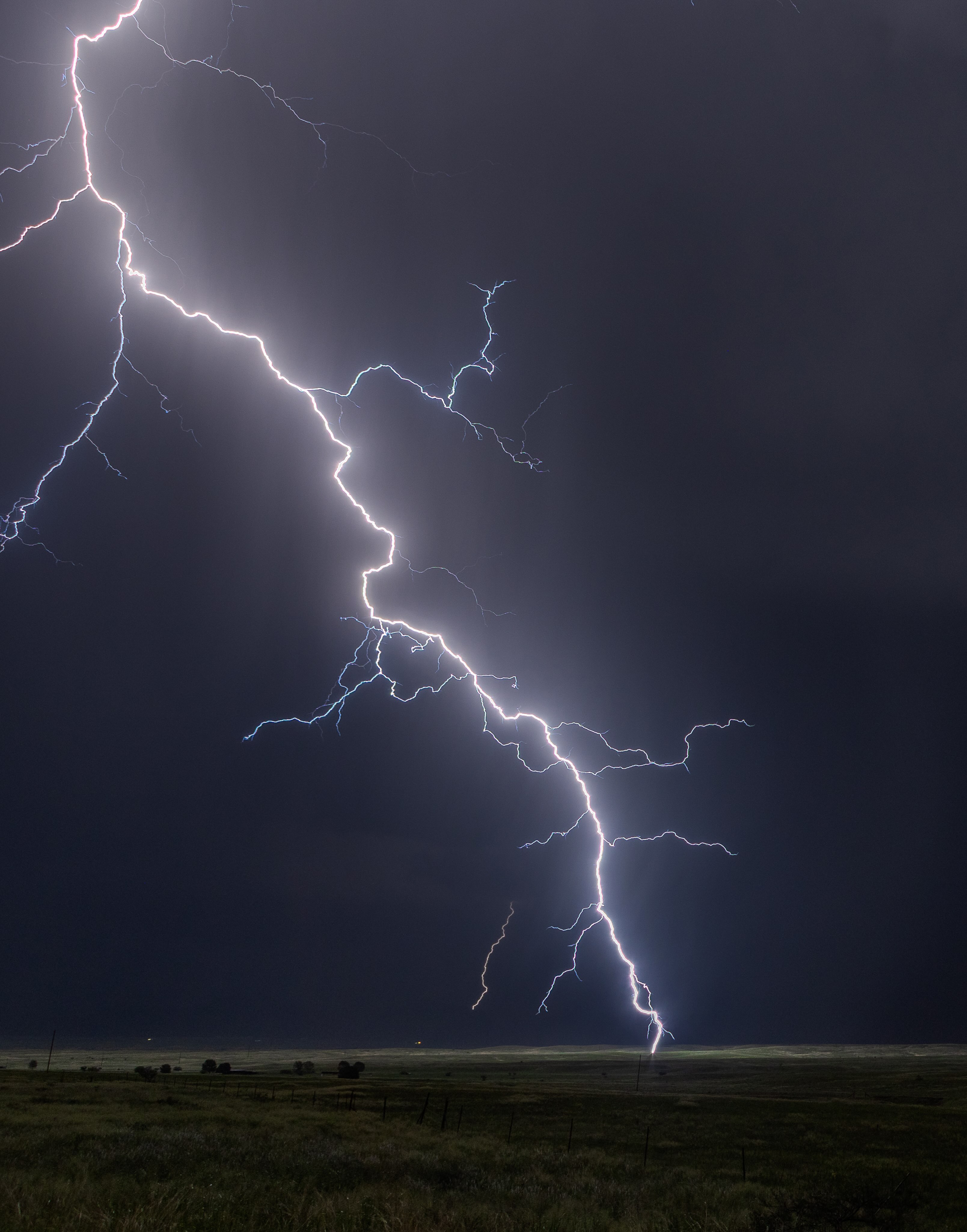 Branching lightning above open desert