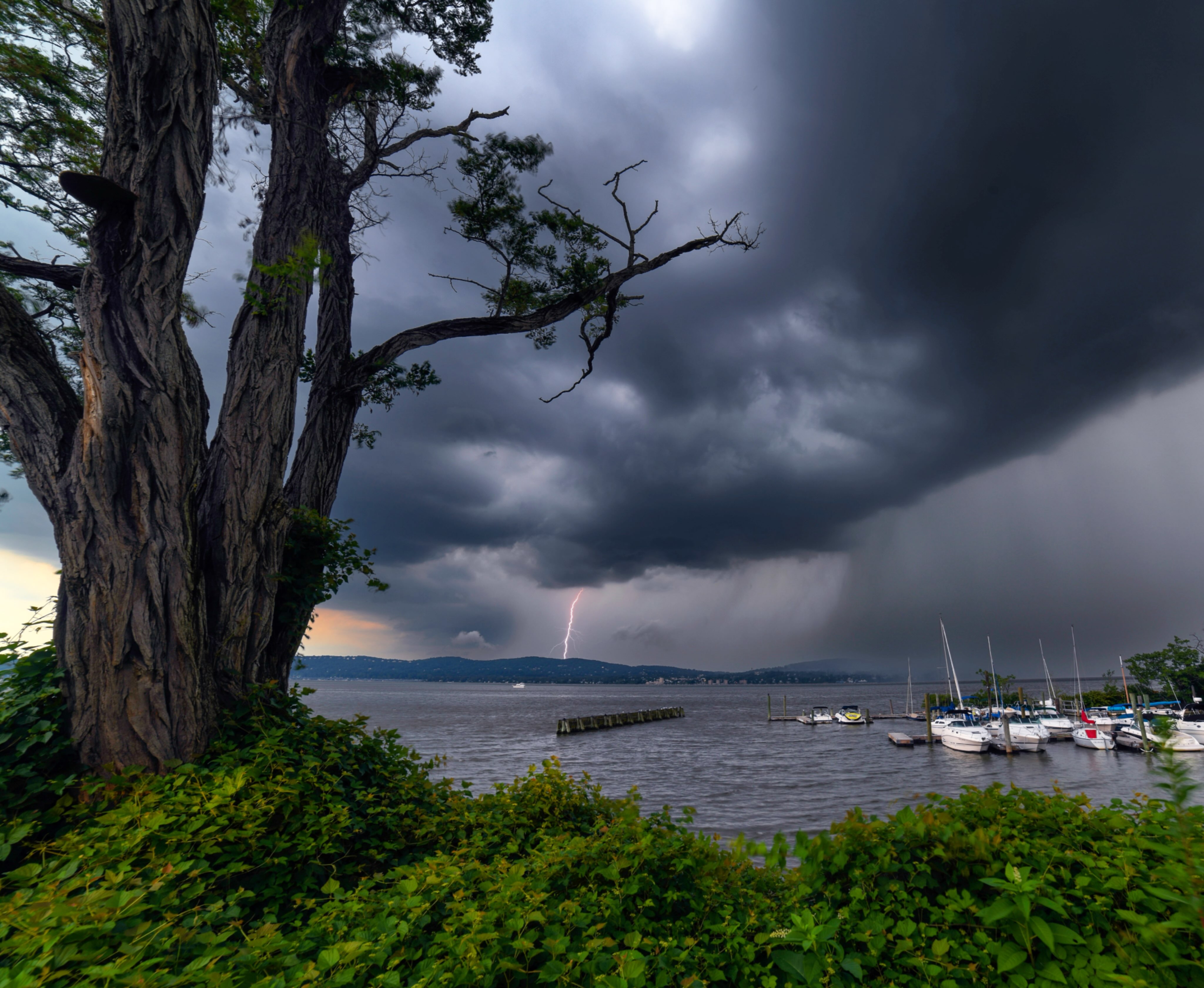 Lightning and approaching rain across the Hudson River
